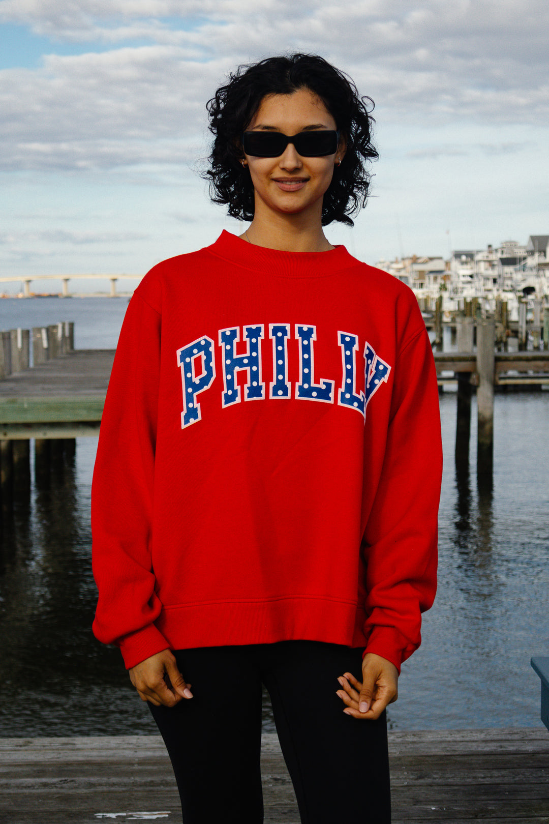 Philly Basketball Red Oversized Polka Dot Puff Mock Neck Sweatshirt