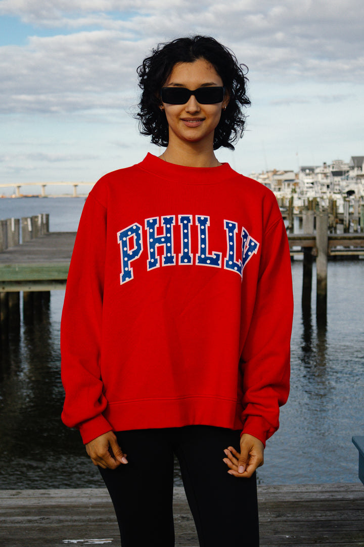 Philly Basketball Red Oversized Polka Dot Puff Mock Neck Sweatshirt
