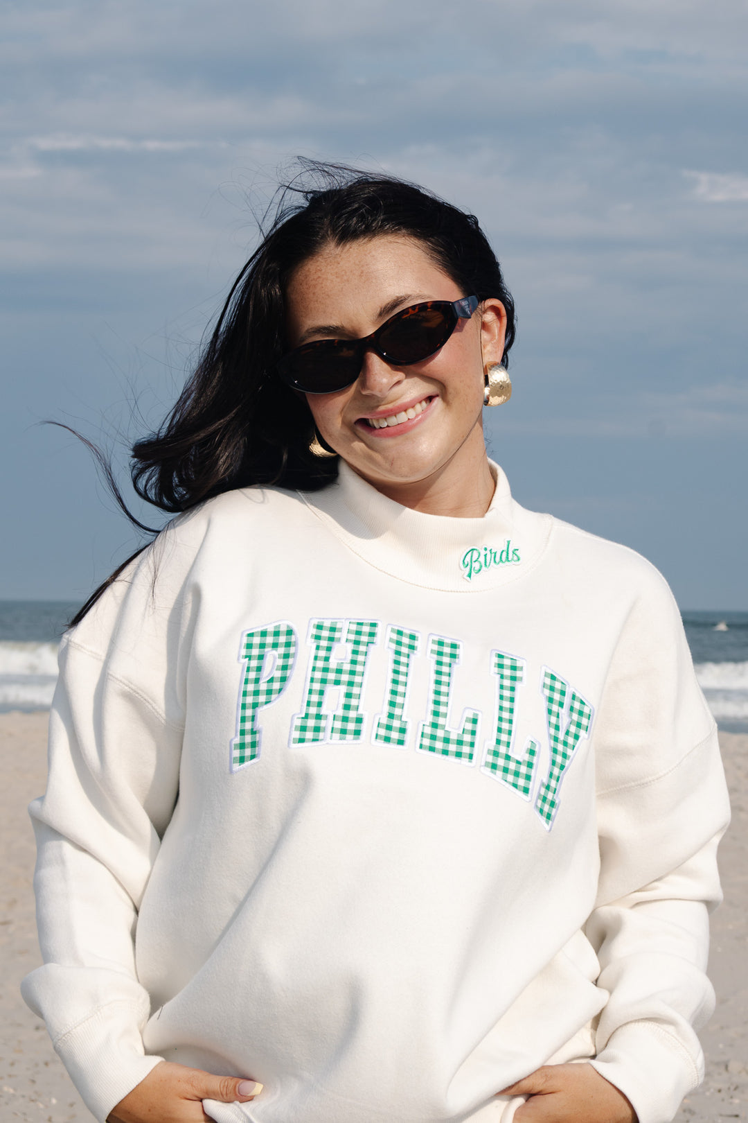 Philly Football Gingham Patch Ivory Mock Neck Sweatshirt