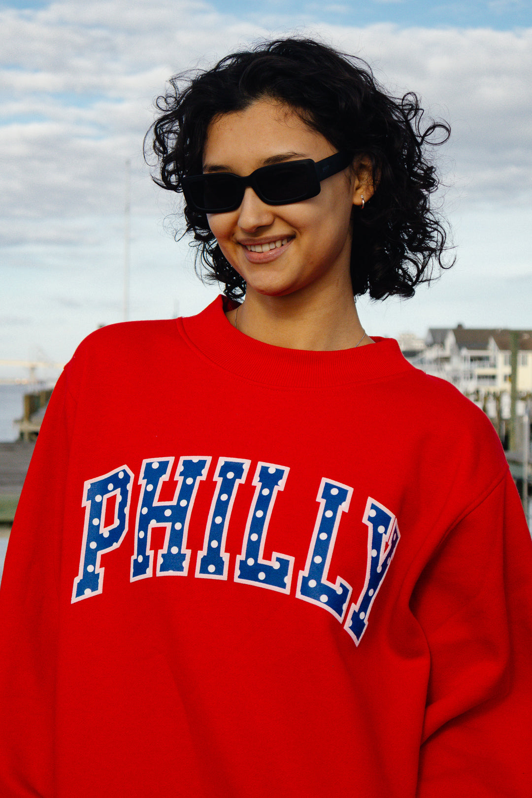 Philly Basketball Red Oversized Polka Dot Puff Mock Neck Sweatshirt