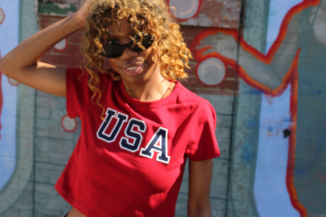 USA Red Embroidered Baby Tee
