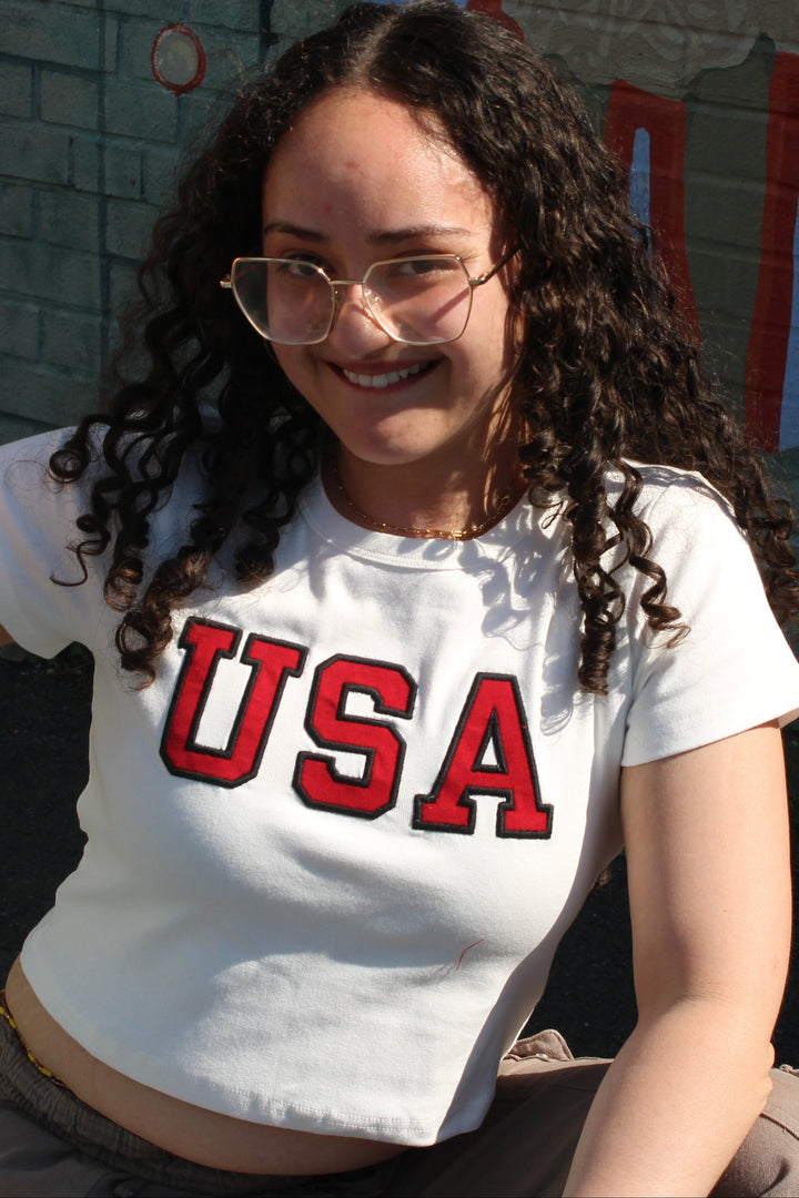 USA White Embroidered Baby Tee