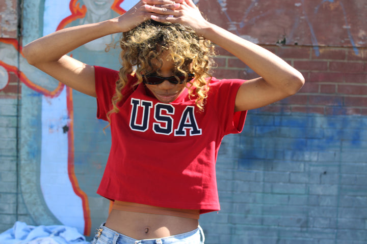 USA Red Embroidered Baby Tee