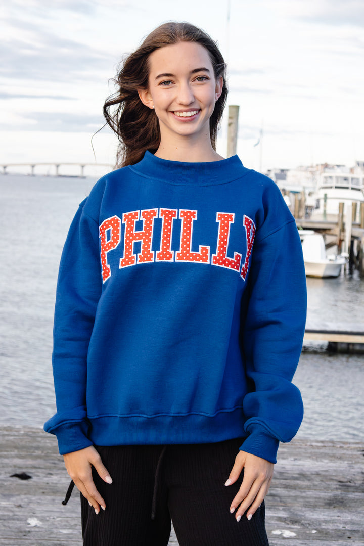 Philly Basketball Royal Embroidered Polkadot Mock Neck Sweatshirt