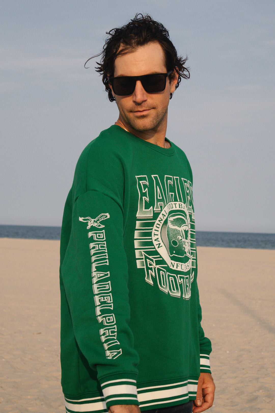 Philadelphia Eagles Kelly Green Striped Rib Crewneck Sweatshirt