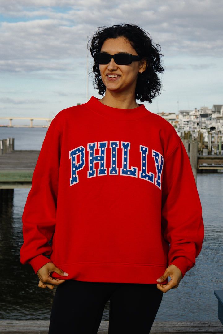 Philly Basketball Red Oversized Polka Dot Puff Mock Neck Sweatshirt