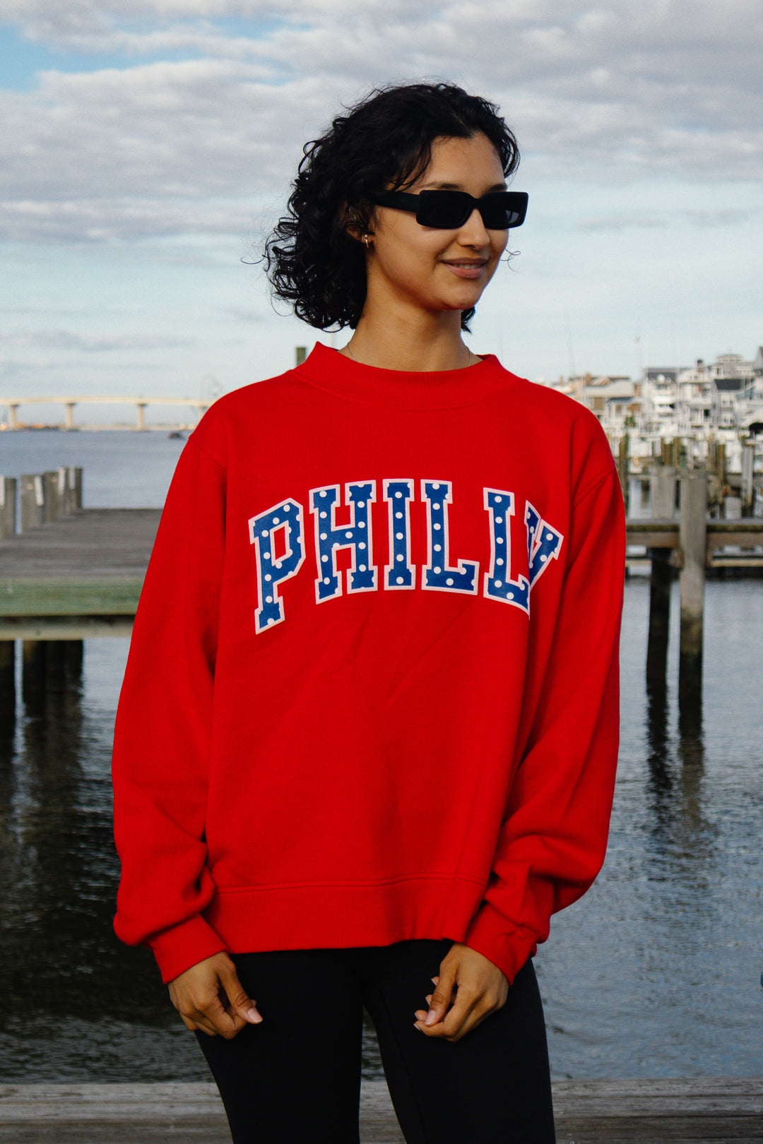 Philly Basketball Red Oversized Polka Dot Puff Mock Neck Sweatshirt