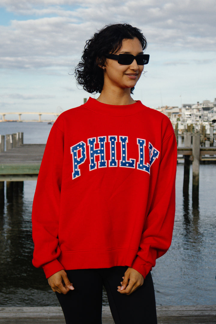 Philly Basketball Red Oversized Polka Dot Puff Mock Neck Sweatshirt