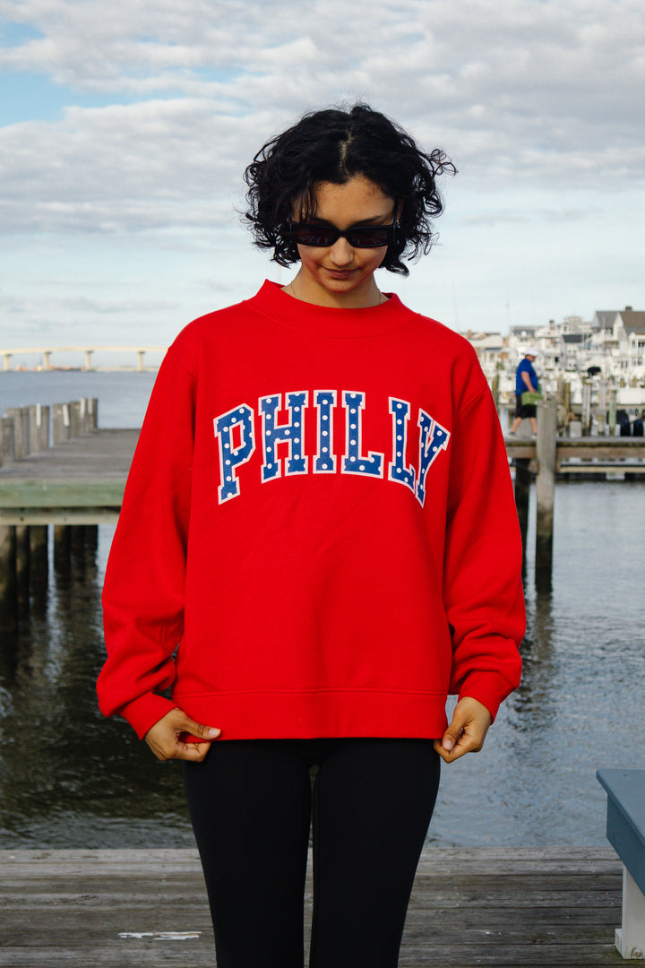 Philly Basketball Red Oversized Polka Dot Puff Mock Neck Sweatshirt