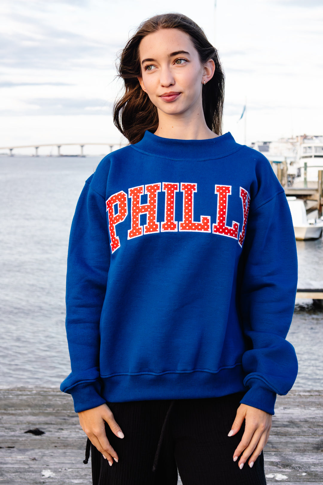 Philly Basketball Royal Embroidered Polkadot Mock Neck Sweatshirt