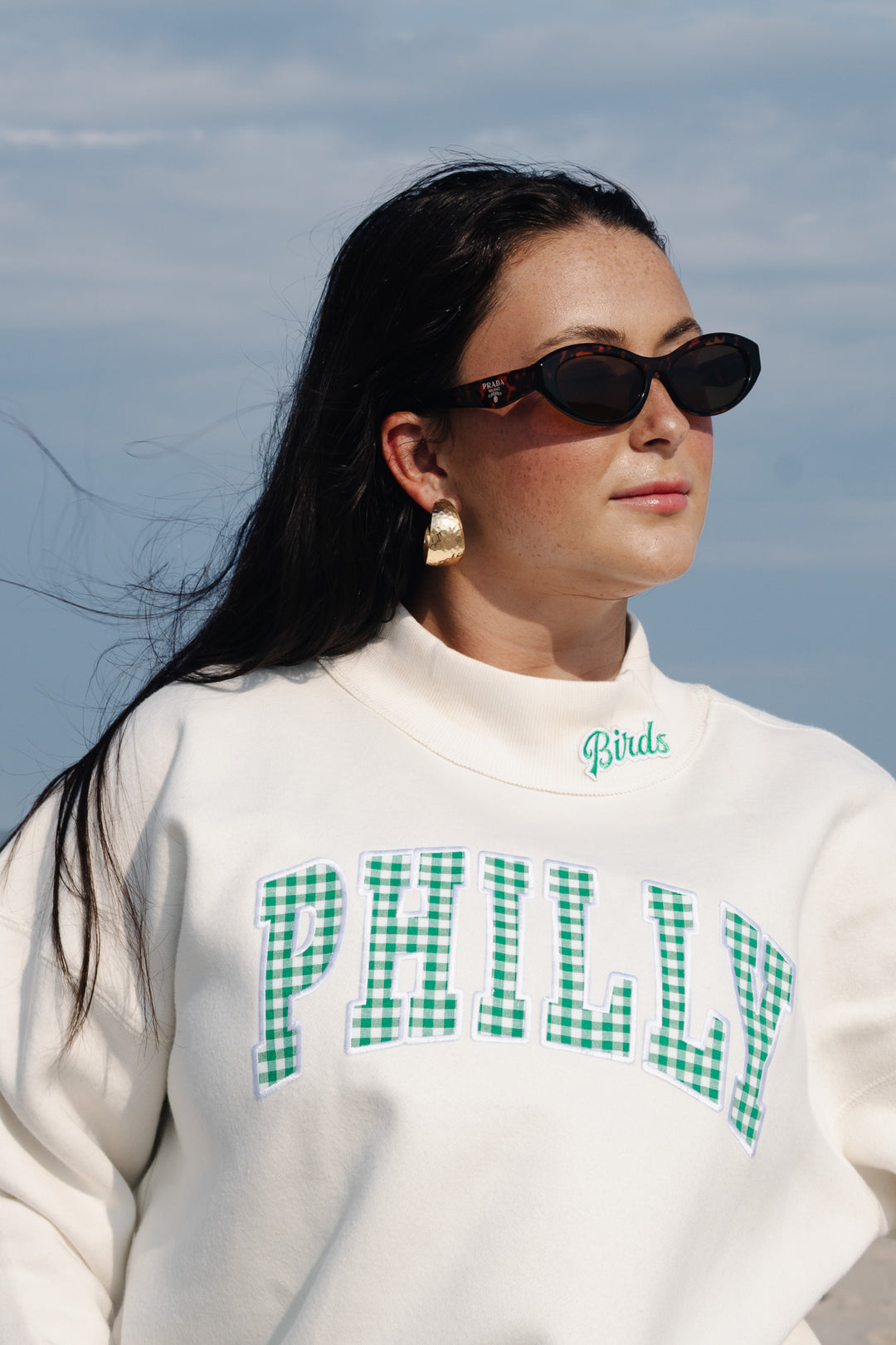 Philly Football Gingham Patch Ivory Mock Neck Sweatshirt