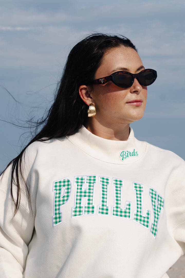 Philly Football Gingham Patch Ivory Mock Neck Sweatshirt