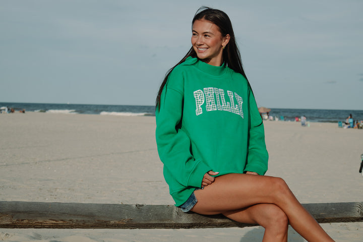 Philly Gingham Kelly Pocket Mock Neck Sweatshirt