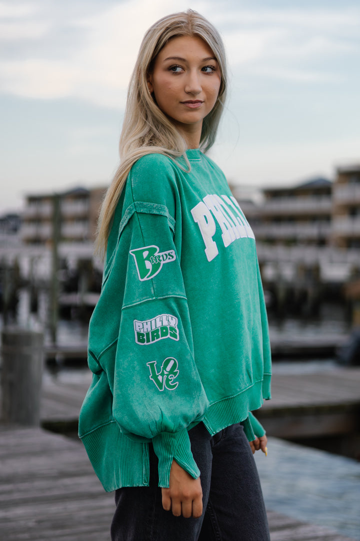 Philly Football Kelly Oversized Multi Patch Crew
