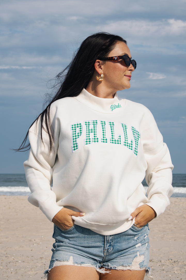 Philly Football Gingham Patch Ivory Mock Neck Sweatshirt