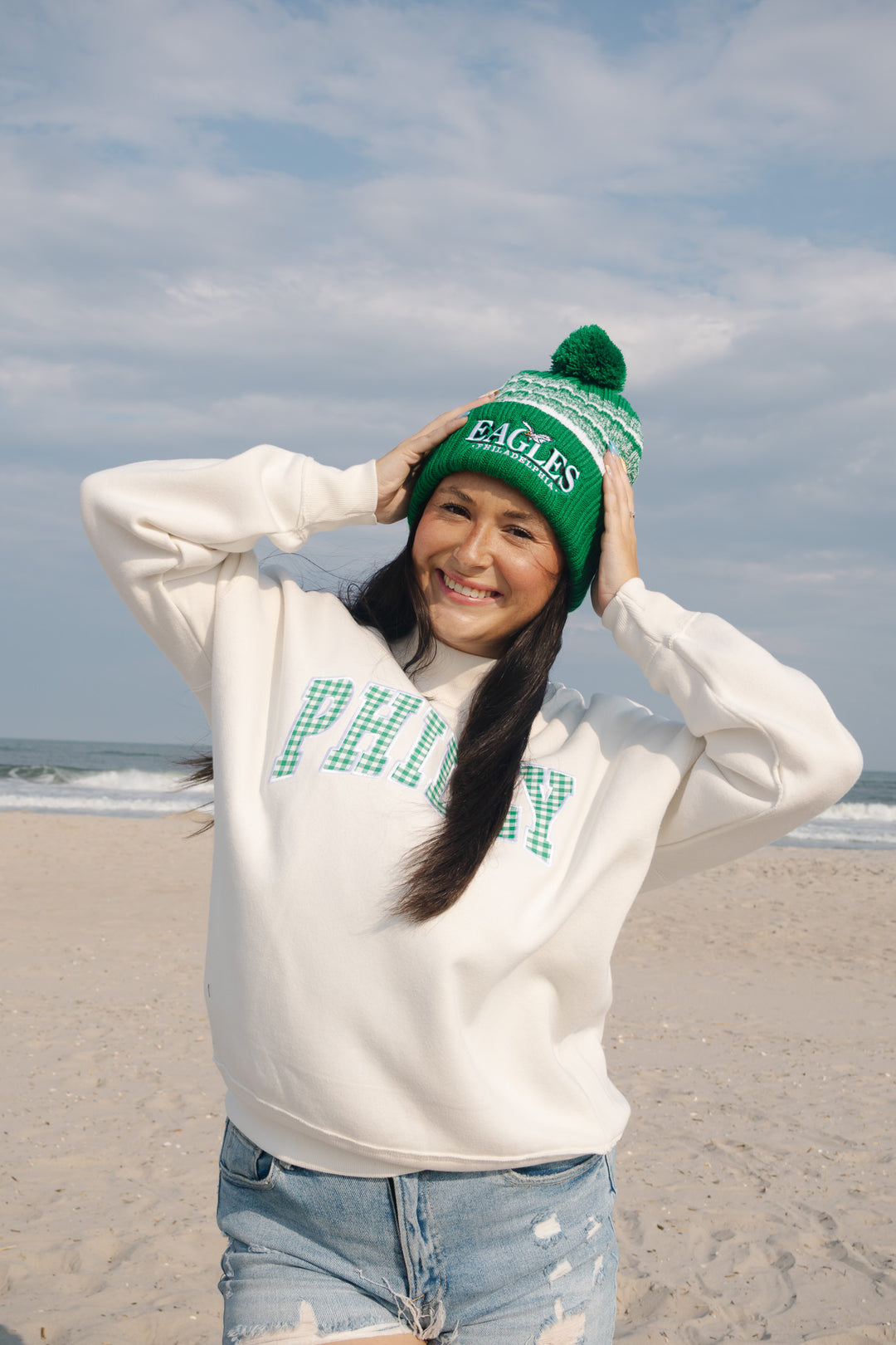 Philly Football Gingham Patch Ivory Mock Neck Sweatshirt
