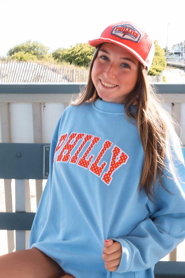 Philly Baseball Polkadot Patch Washed Blue Mock Neck Sweatshirt