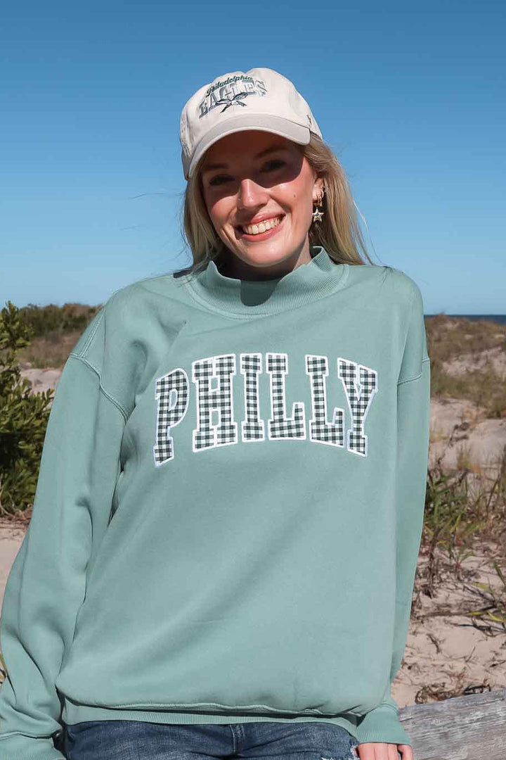 Philly Football Gingham Patch Washed Mock Neck Sweatshirt