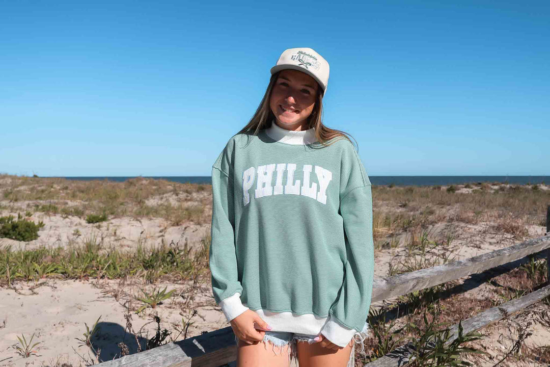 Philly Football Corduroy Patch Striped Mock Neck Sweatshirt