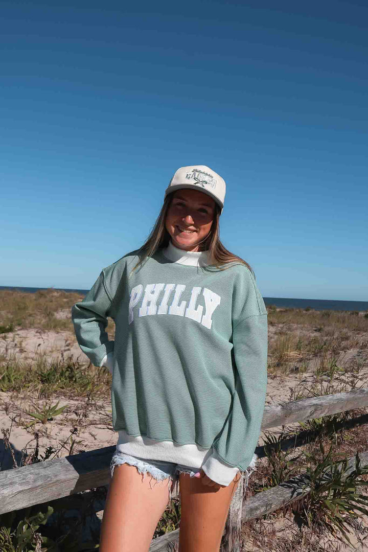 Philly Football Corduroy Patch Striped Mock Neck Sweatshirt