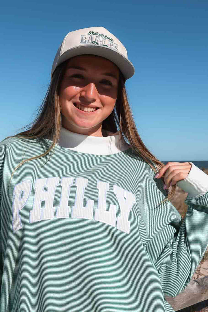 Philly Football Corduroy Patch Striped Mock Neck Sweatshirt