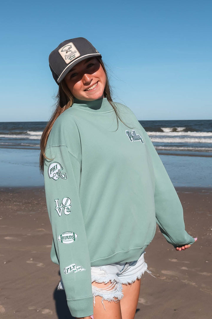 Philly Football Multi Patch Washed Mock Neck Sweatshirt