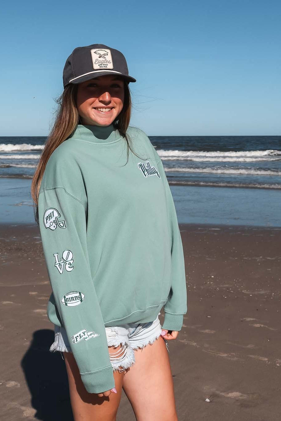Philly Football Multi Patch Washed Mock Neck Sweatshirt