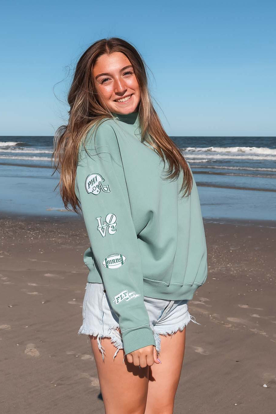Philly Football Multi Patch Washed Mock Neck Sweatshirt