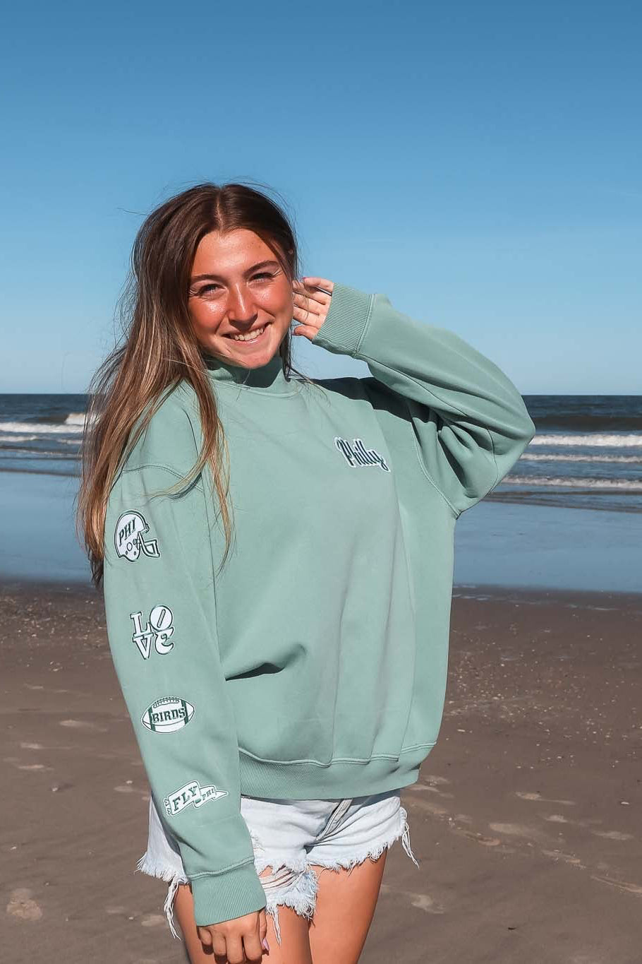 Philly Football Multi Patch Washed Mock Neck Sweatshirt