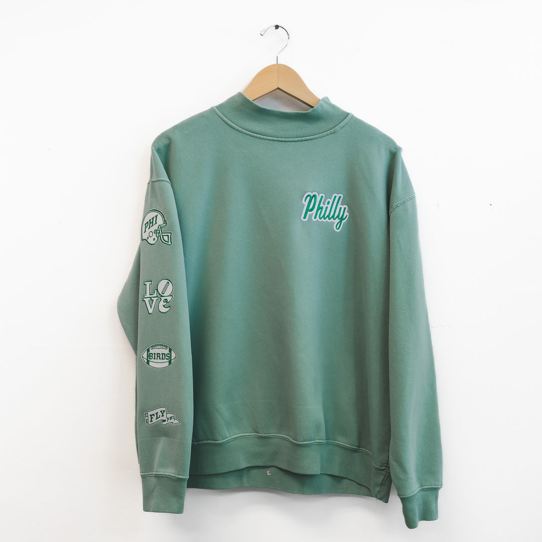 Philly Football Multi Patch Washed Mock Neck Sweatshirt