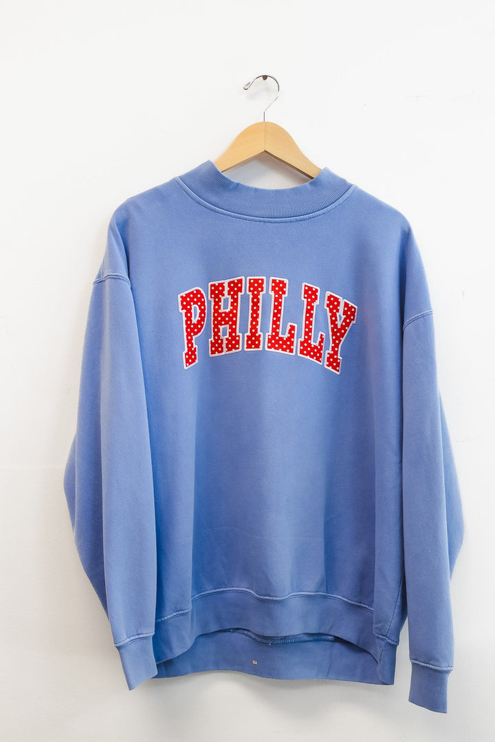 Philly Baseball Polkadot Patch Washed Blue Mock Neck Sweatshirt