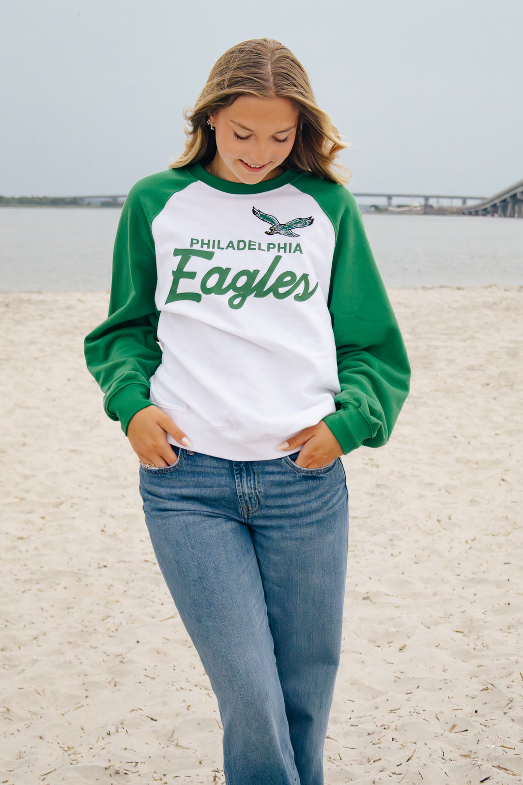 Philadelphia Eagles White/Kelly Green Head Coach Lightweight Raglan Sweatshirt