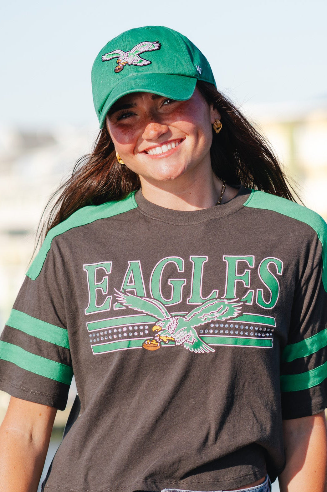 Philadelphia Eagles Bling Striped Crop Tee
