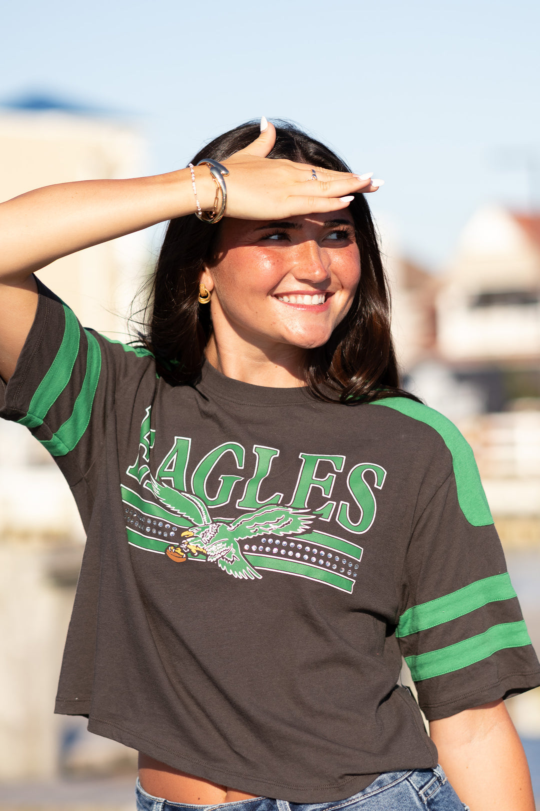 Philadelphia Eagles Bling Striped Crop Tee