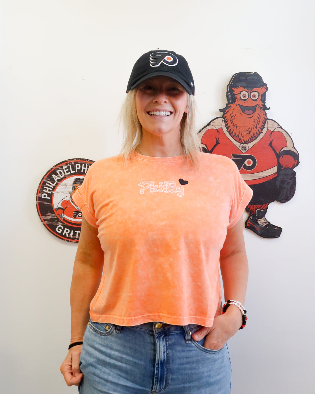 Philly Hockey Coral Polka Dot Heart Cropped Tee