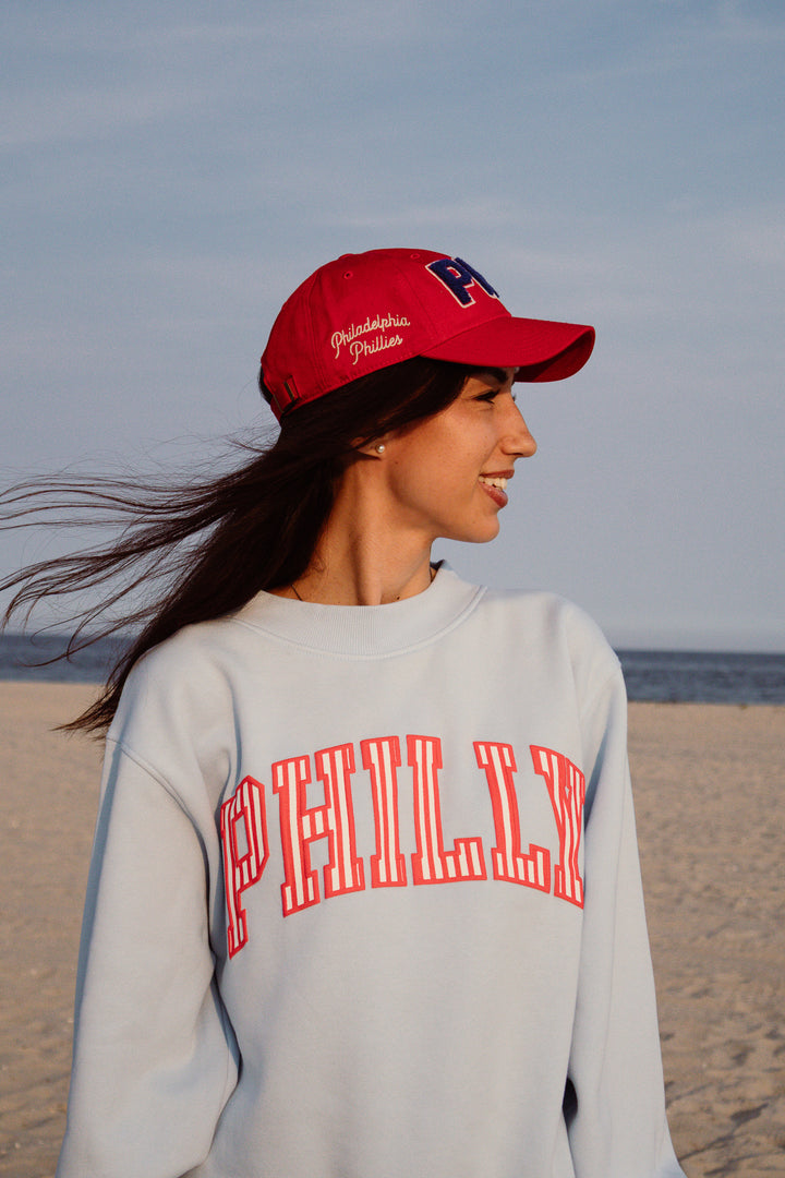 Philly Baseball Oversized Light Blue Striped Puff Mock Neck Sweatshirt