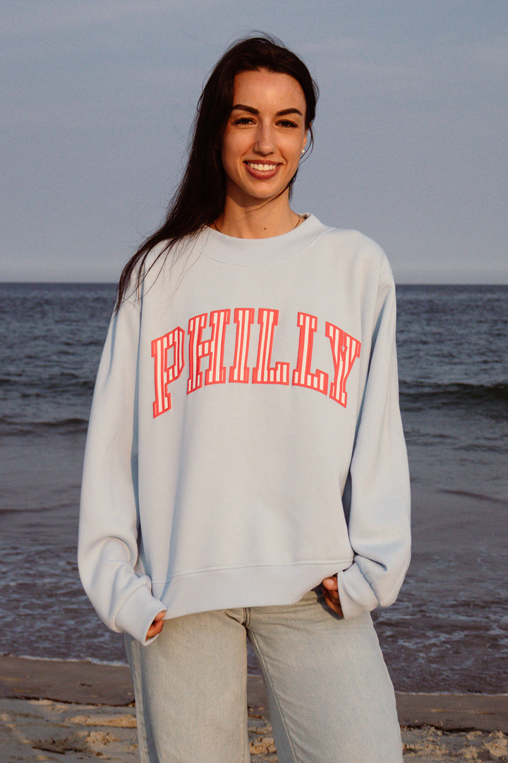 Philly Baseball Oversized Light Blue Striped Puff Mock Neck Sweatshirt