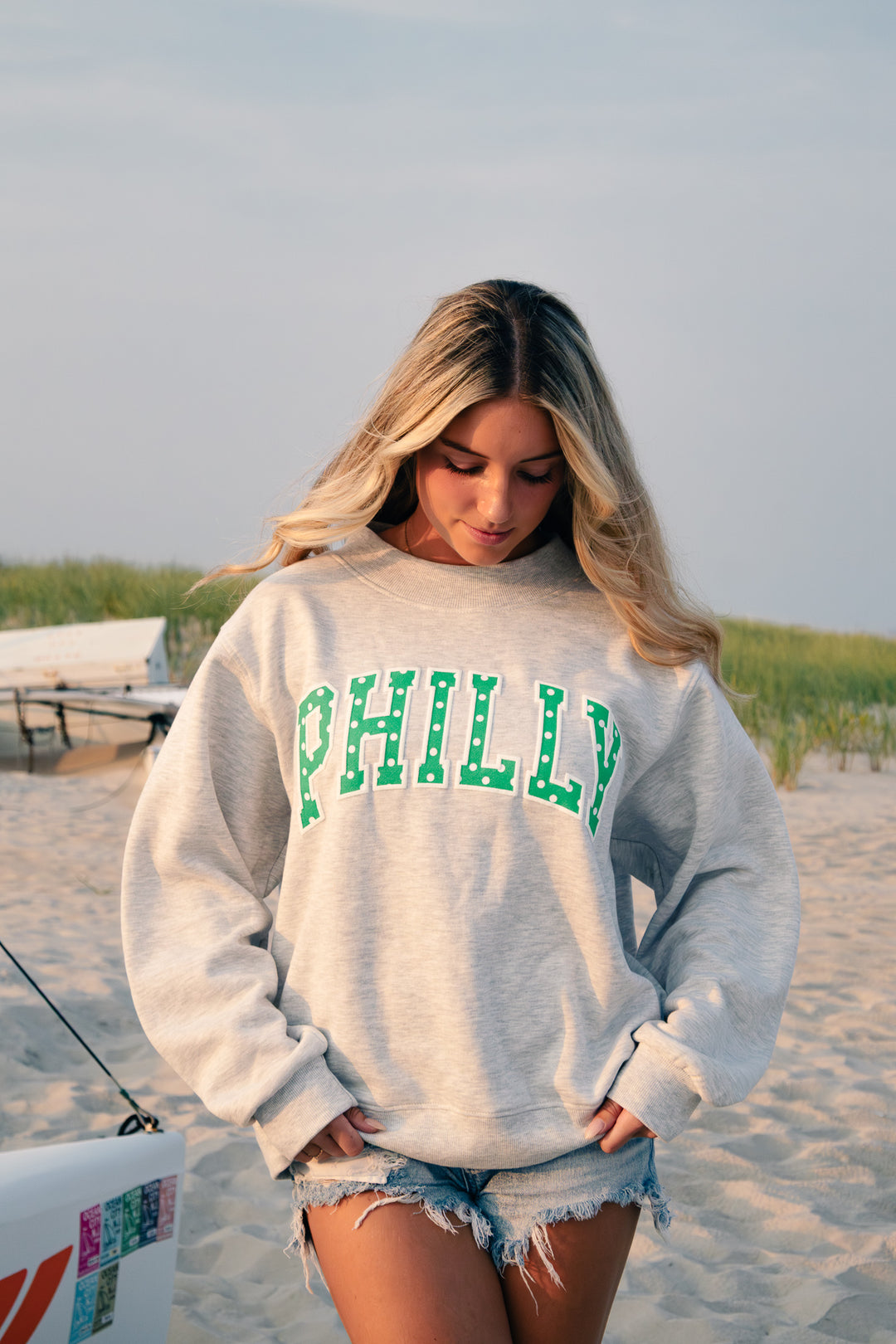 Philly Football Oversized Gray Polka Dot Puff Mock Neck Sweatshirt
