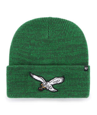 A green knit beanie hat featuring an embroidered Philadelphia Eagles eagle logo on the front cuff, with a small &