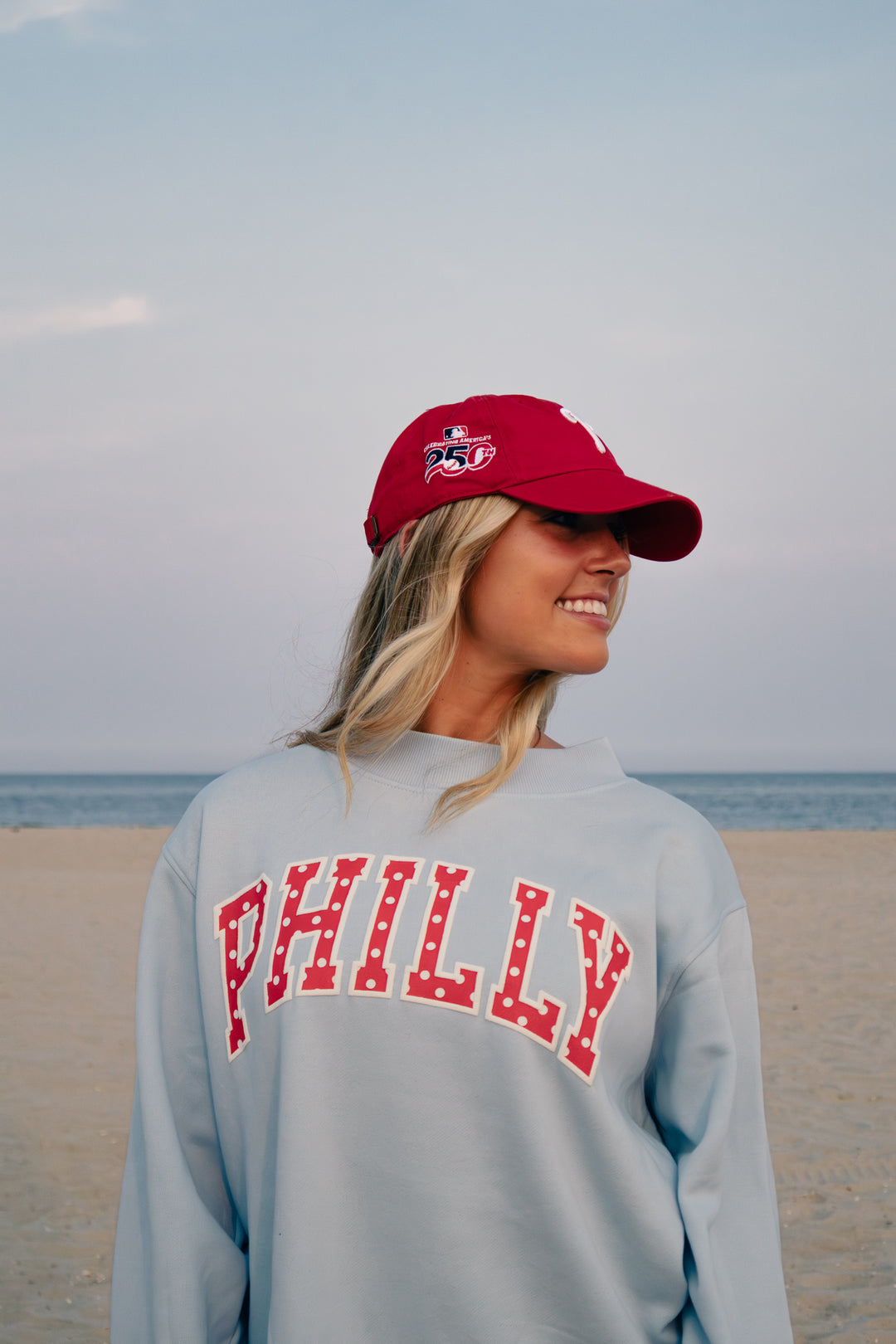 Philly Baseball Oversized Light Blue Polka Dot Puff Mock Neck Sweatshirt
