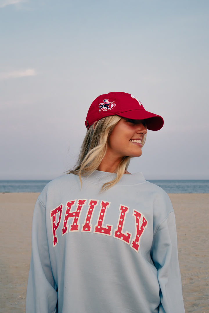 Philly Baseball Oversized Light Blue Polka Dot Puff Mock Neck Sweatshirt