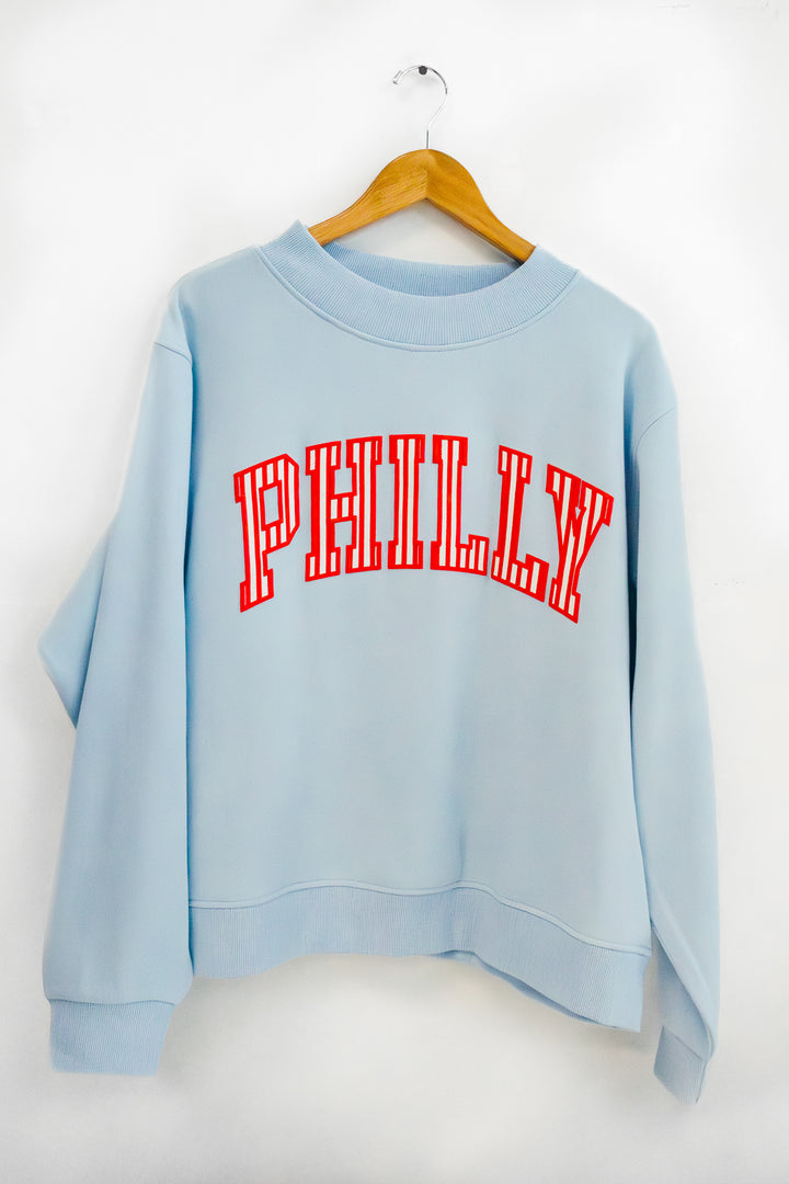 Philly Baseball Oversized Light Blue Striped Puff Mock Neck Sweatshirt