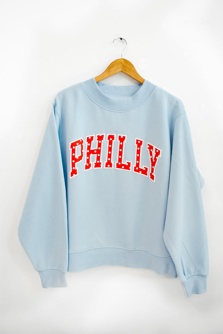 Philly Baseball Oversized Light Blue Polka Dot Puff Mock Neck Sweatshirt