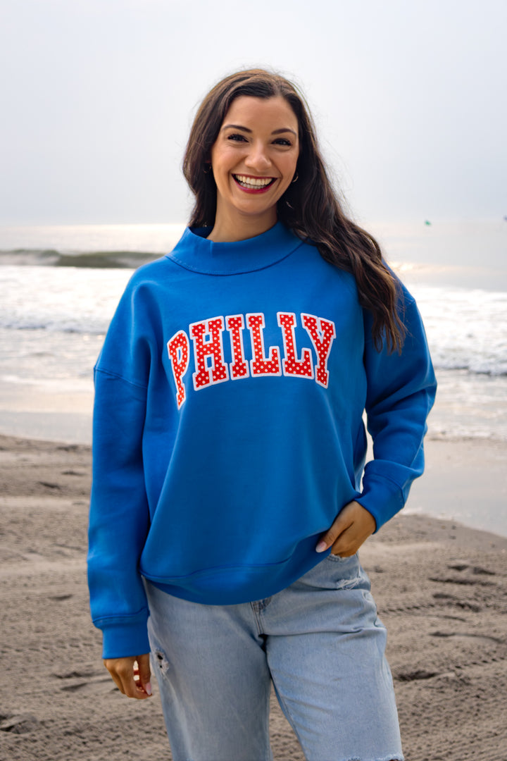 Philly Royal Polkadot Patch Washed Mock Neck Sweatshirt