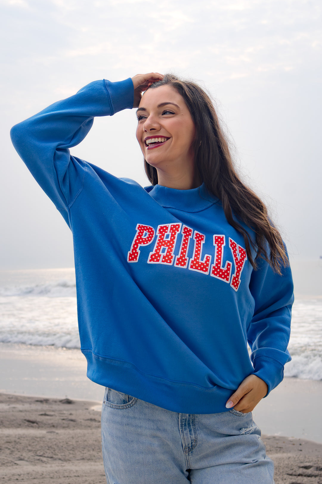 Philly Royal Polkadot Patch Washed Mock Neck Sweatshirt