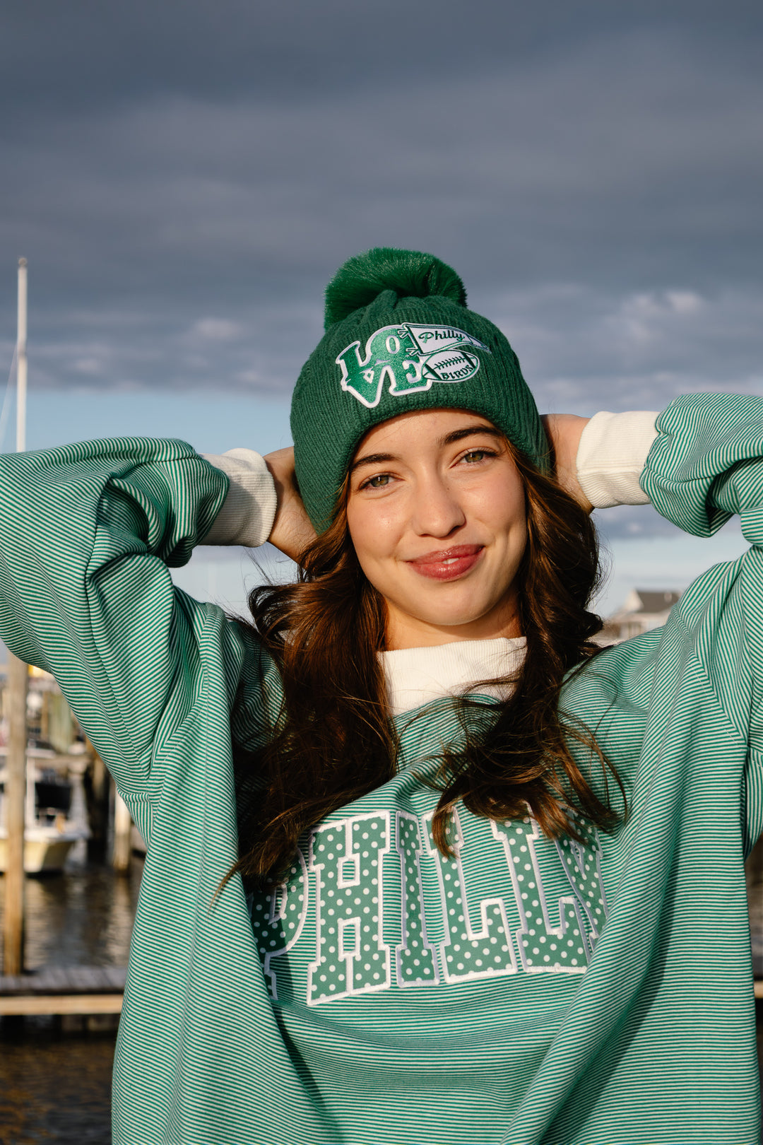 Philly Football Multi Patch Knit Green Pom Pom Hat
