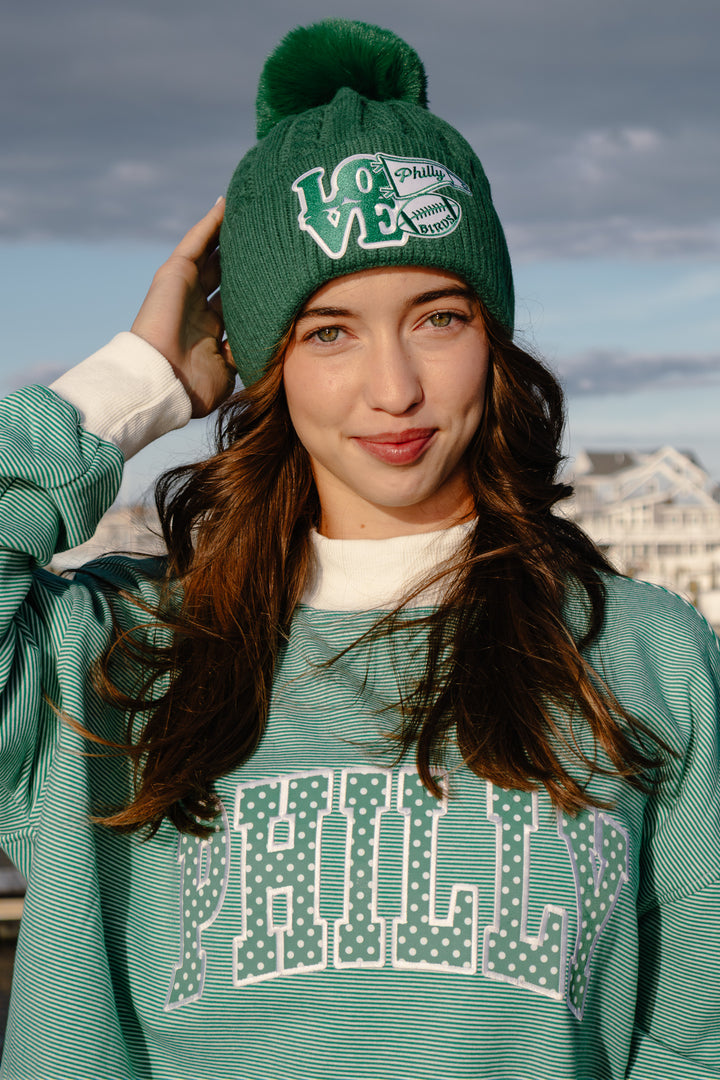 Philly Football Multi Patch Knit Green Pom Pom Hat