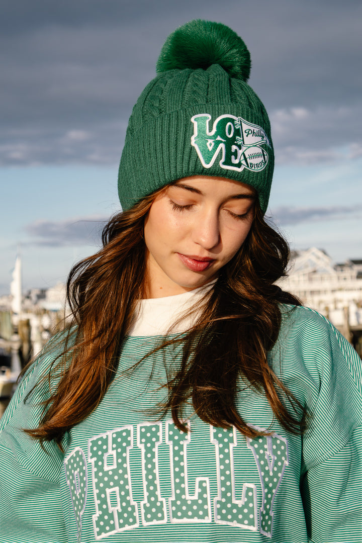 Philly Football Multi Patch Knit Green Pom Pom Hat