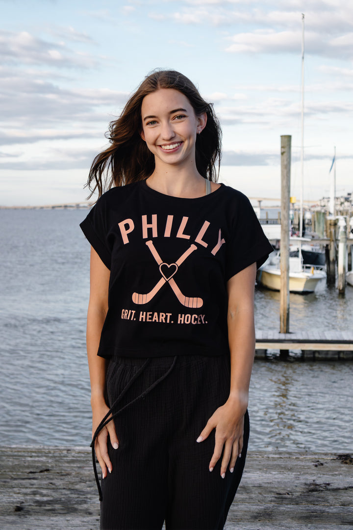 Philly Hockey Black Heart Pucks Boxy Cropped Tee