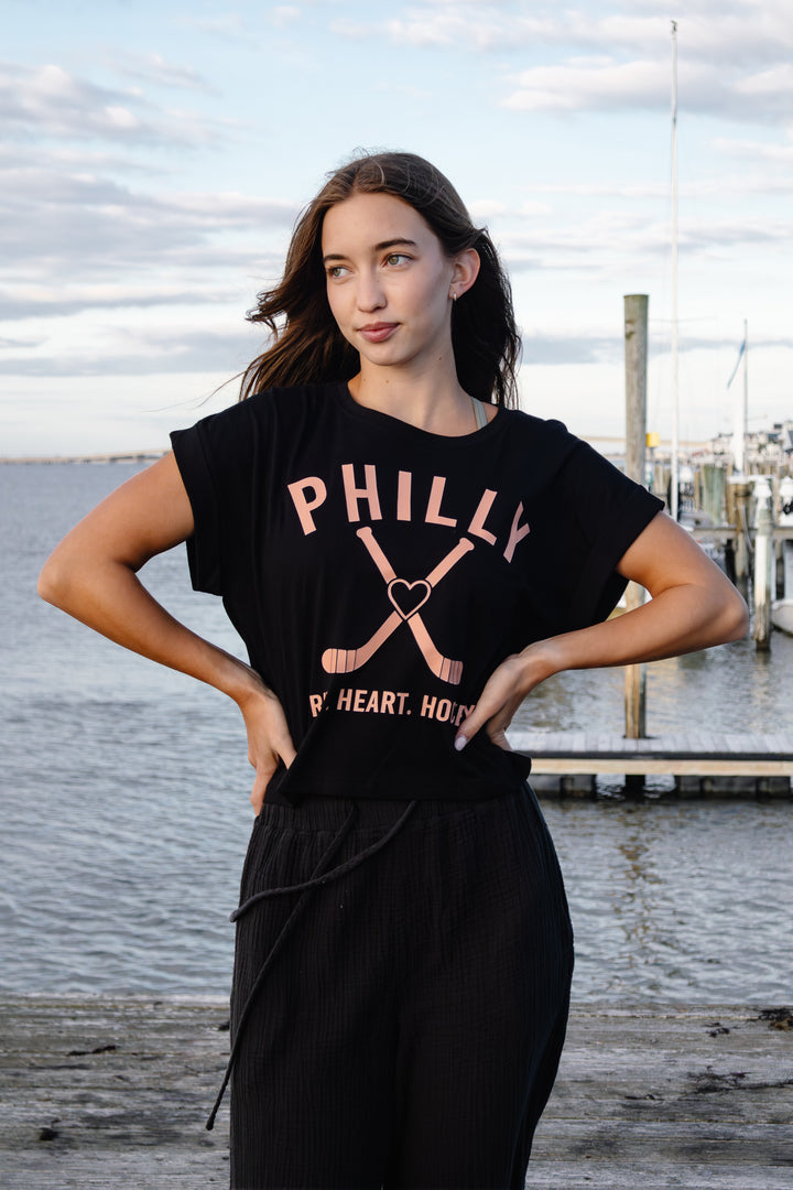 Philly Hockey Black Heart Pucks Boxy Cropped Tee